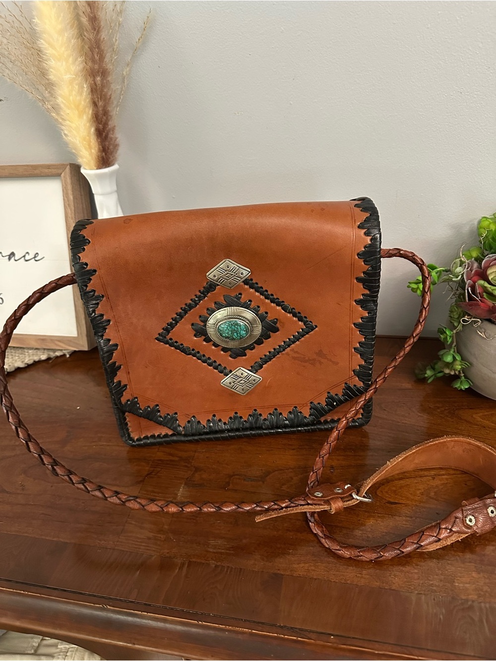 Hand-Crafted Moroccan Leather Crossbody Bag with Turquoise Accent